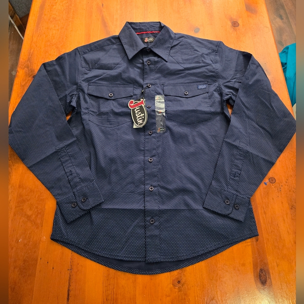 Justin Brand Navy Oyster Diamond Tech Long Sleeve Button Down Shirt J-1507 Small